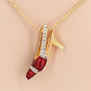 High Heel Shoe Necklace Gold Plated, Red Epoxy Color Clear Crystals Strap